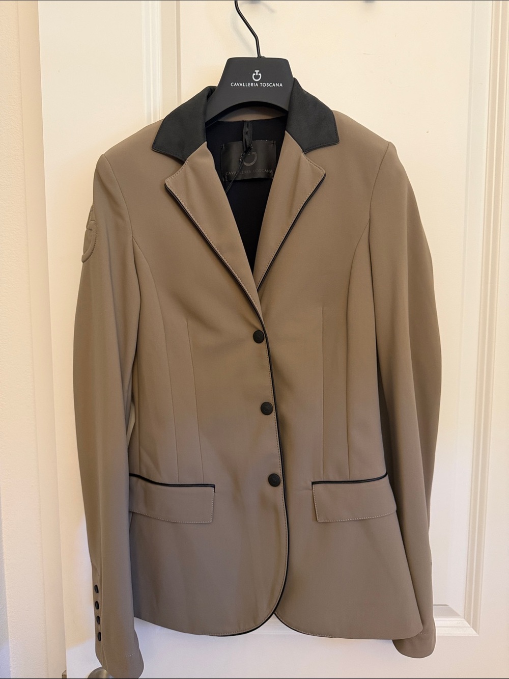 Women's Cavalleria Toscana Taupe Riding Show Coat with Black Trim